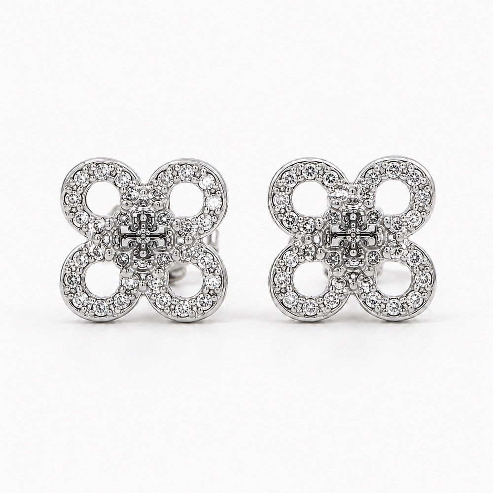 NWT Tory Burch Quatrefoil Silver Pave Stud Earrings / Dustbag Included/Brand New